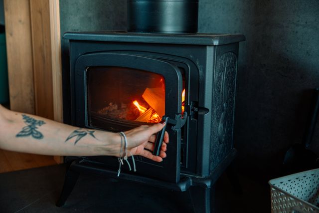 The wood burner inside a cabin